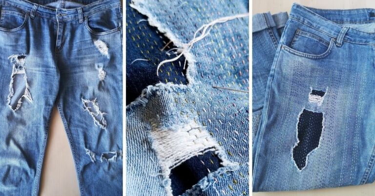 Wie man Löcher in Jeans von Hand flickt. Eine einfache Methode mit Laufstich-Stickerei