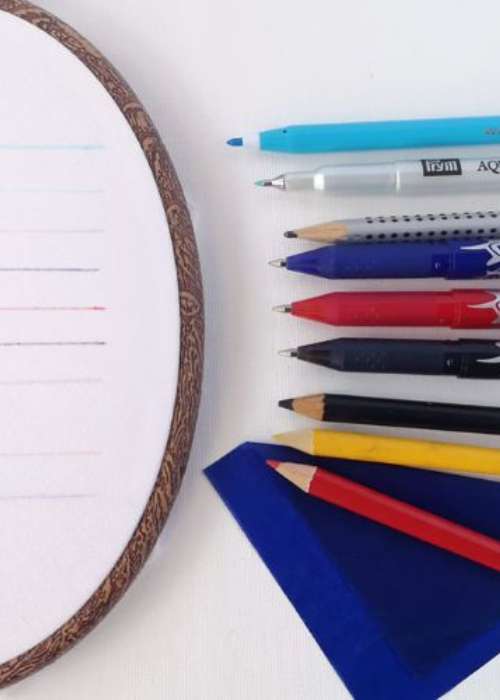 Werkzeuge zum Übertragen von Mustern - Stifte und Bleistifte und ein Stickrahmen
