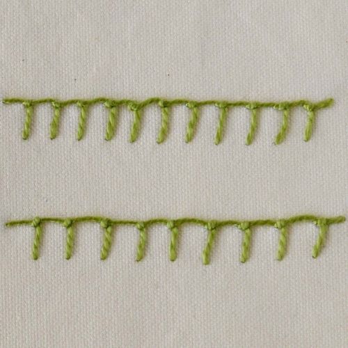 Berwickstich Vorderansicht - Handstickerei mit grüner Perlenbaumwolle auf weißem Baumwollstoff