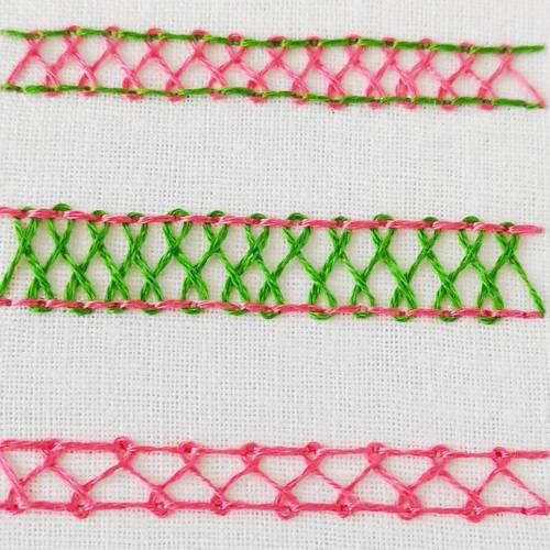 Fischgrät-Leiterstich-Stickerei mit rosa und grünem Garn