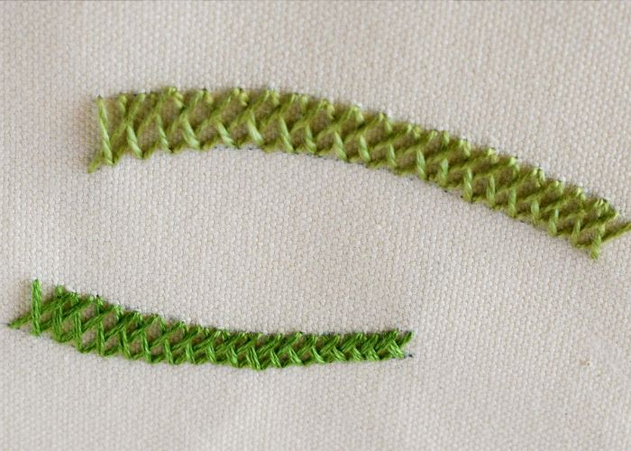 Korbstich-Stickerei mit grünen Fäden Vorderansicht