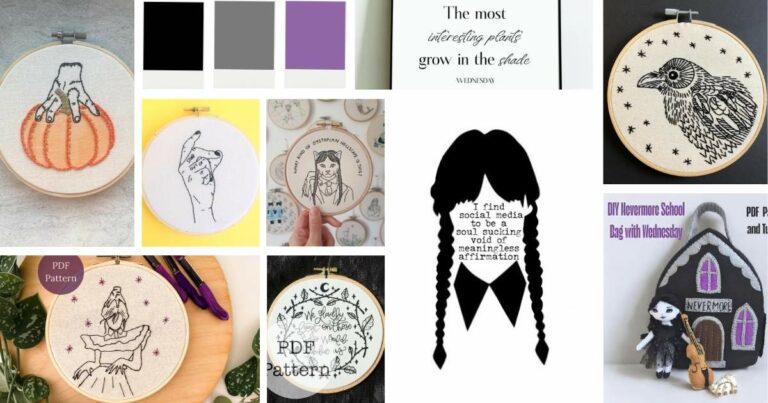 Broderie à la main, inspiriert von den düsteren Punkten von Mercredi und dem schönen Bild auf dem Umschlag.