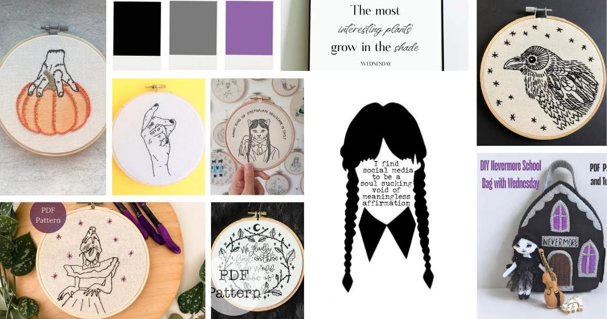 Broderie à la main, inspiriert von den düsteren Punkten von Mercredi und dem schönen Bild auf dem Umschlag.